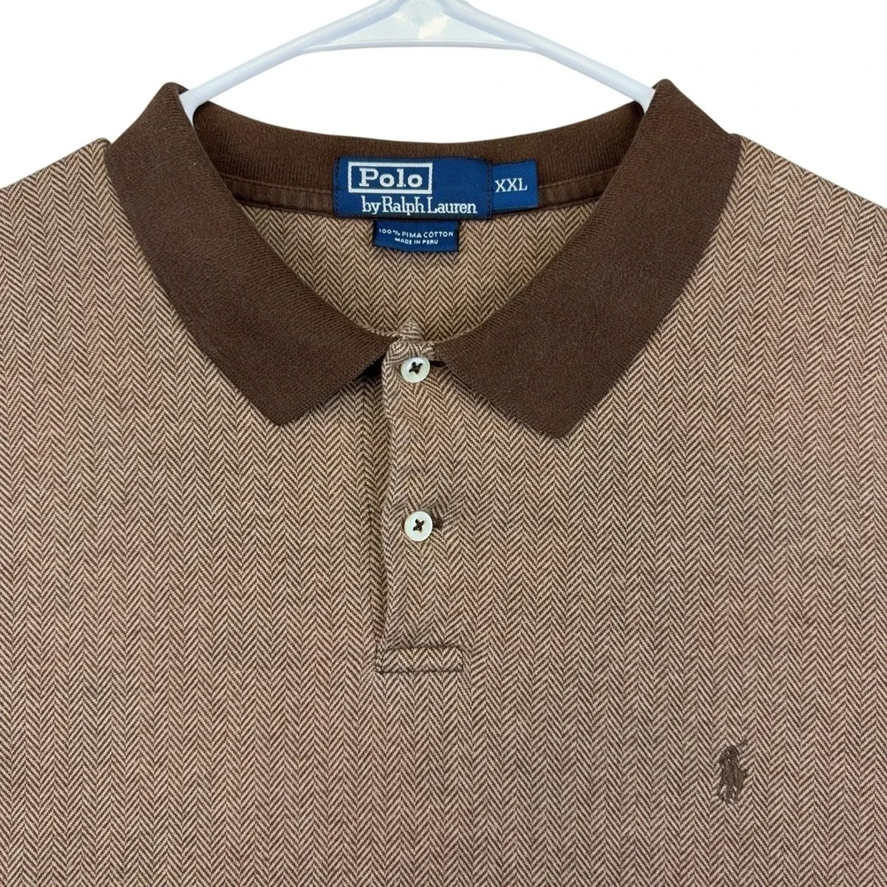 Polo By Ralph Lauren Polo Shirt Mens 2XL Brown Herringbone Long Sleeve Pima